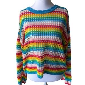 Pink Lily Rainbow Striped Open Knit Crochet Sweater Womens Small Pride Boho Mesh